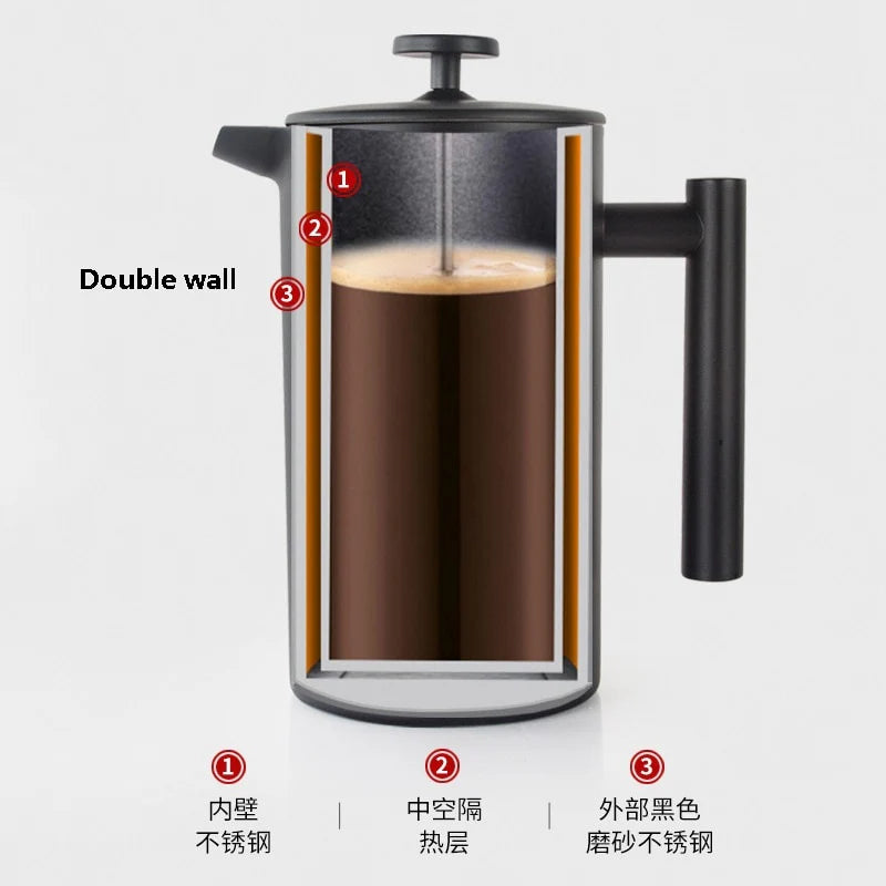 1L Vacuum Double Wall Stainless Steel French Press Coffee Maker Cafe Pot Kitchen Accessories Teapot Free Shipping Cafe Machine